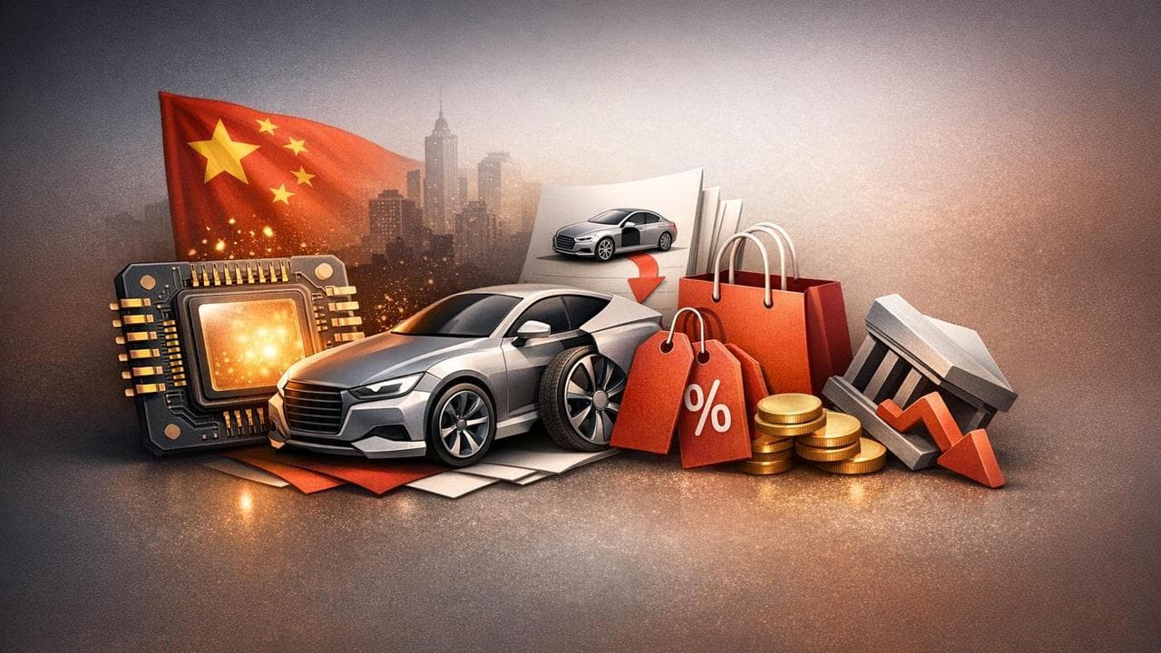 Global stock market chart with AI chip, auto sector, and China retail data highlights