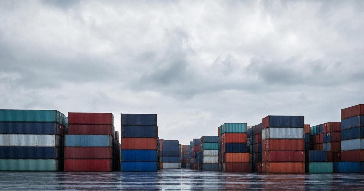 Stacked shipping containers at a busy port illustrating slowing global trade and rising yields impact on markets