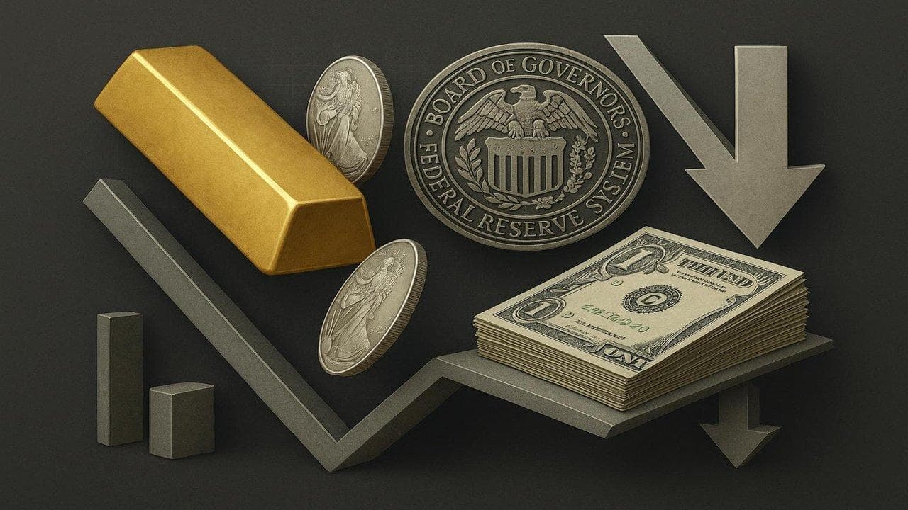 Gold and silver price chart showing sharp decline after Warsh Fed pick and dollar strength