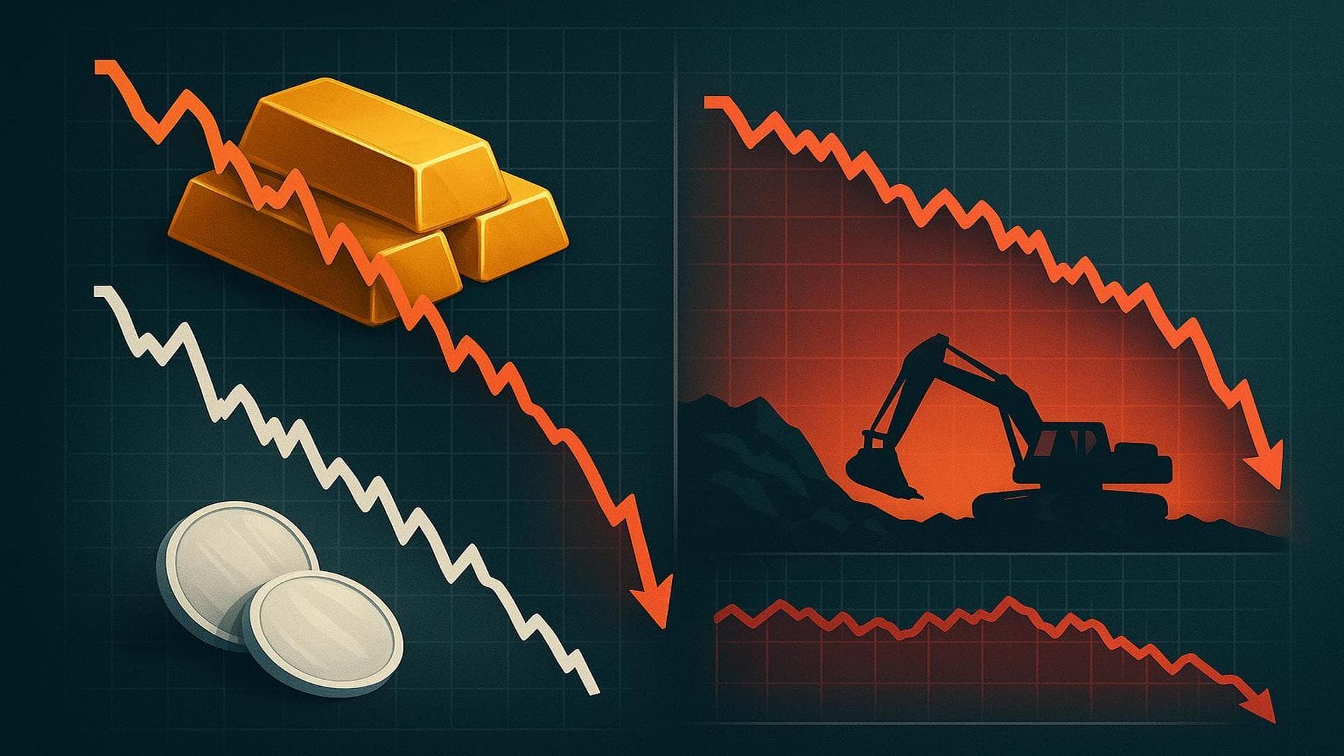 Gold and silver price drop visualization with mining stocks decline after record highs