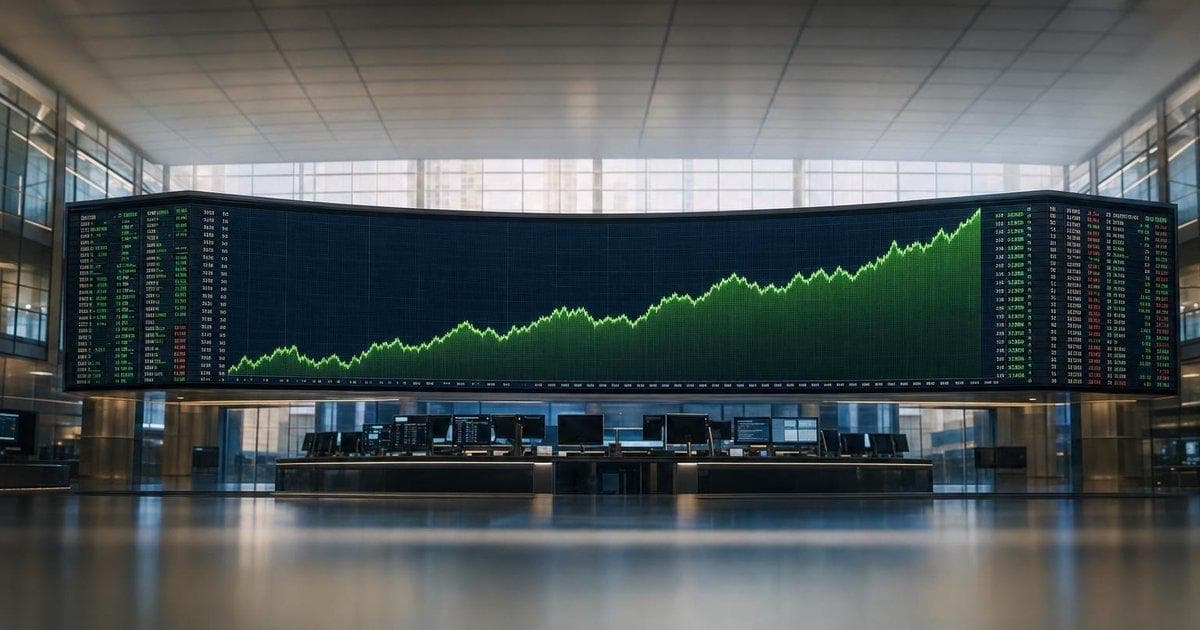 Rising stock index board on trading floor illustrating bullish S&P 500 outlook toward 8000