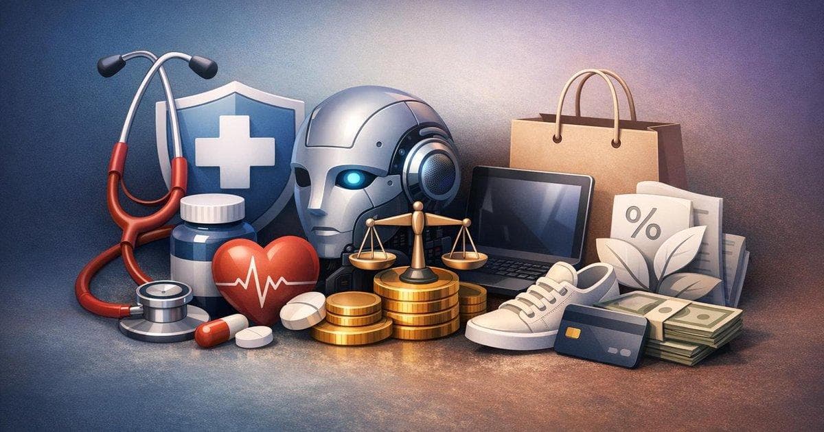 Concept image of healthcare, AI, software and consumer stocks under review by investors