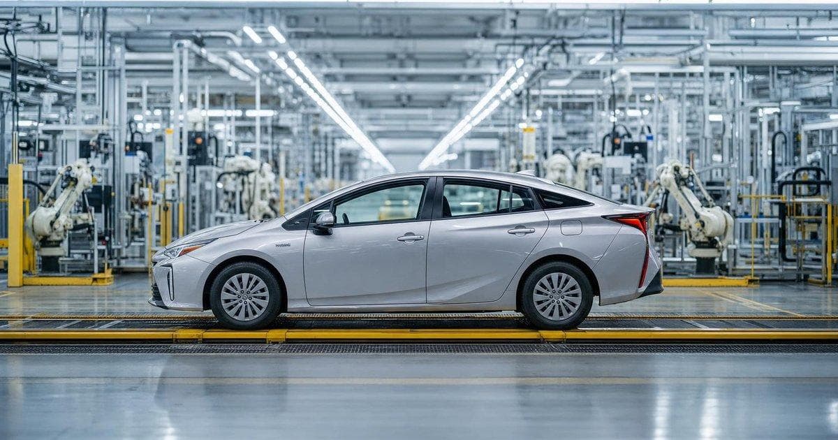 Hybrid car on factory line illustrating automaker EV writedown and shift to hybrids