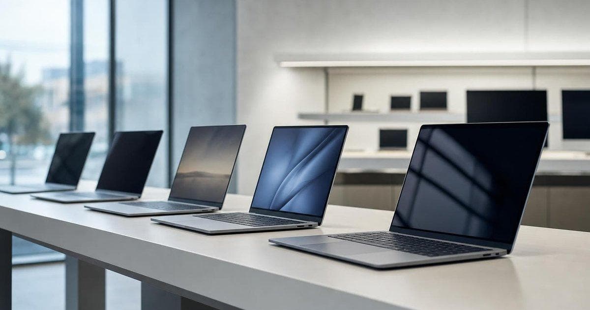 Row of new AI-focused laptop PCs on display in store illustrating HPQ Q2 results and outlook reset
