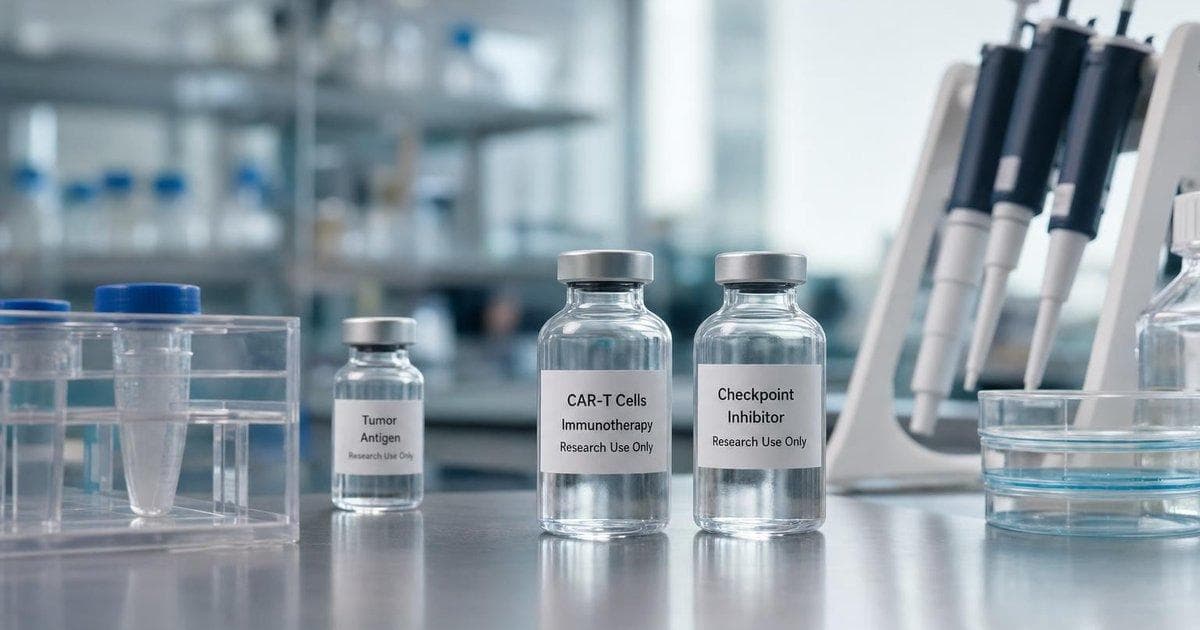 Cancer immunotherapy lab vials and equipment illustrating early ASCO 2026 T-cell and bispecific data