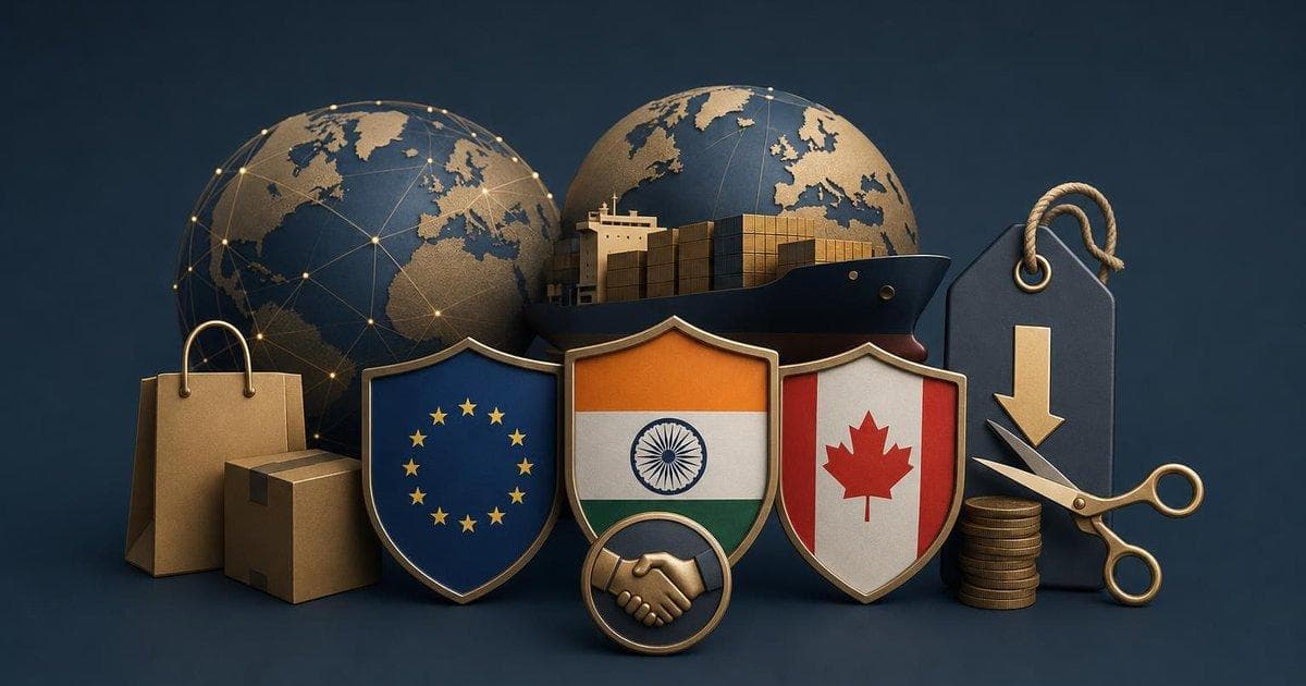 Chart of India-EU tariff cuts and India-Canada trade talks highlighting new trade agreements