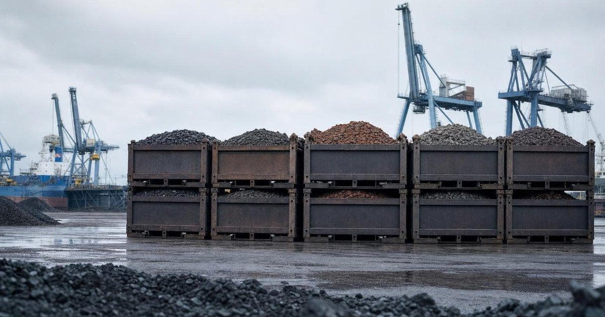 Stacks of mineral ore containers at a commercial port, illustrating FTA talks on strategic minerals and EV parts