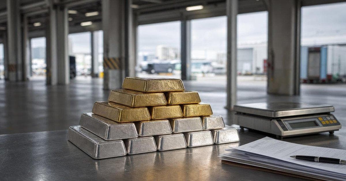 Stacked gold and silver bars in a customs inspection setting as India tightens precious metal import rules