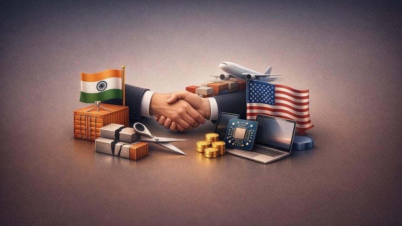 India-US trade pact illustration showing tariff cuts and increased technology goods exchange