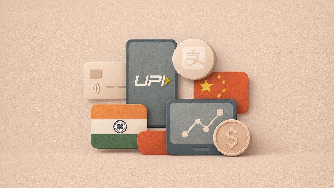 UPI and Alipay+ payment logos with India-China cross-border payments integration theme