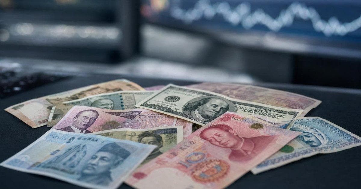 Emerging market banknotes on a trading desk as authorities move to support weak rupiah IDR forex markets