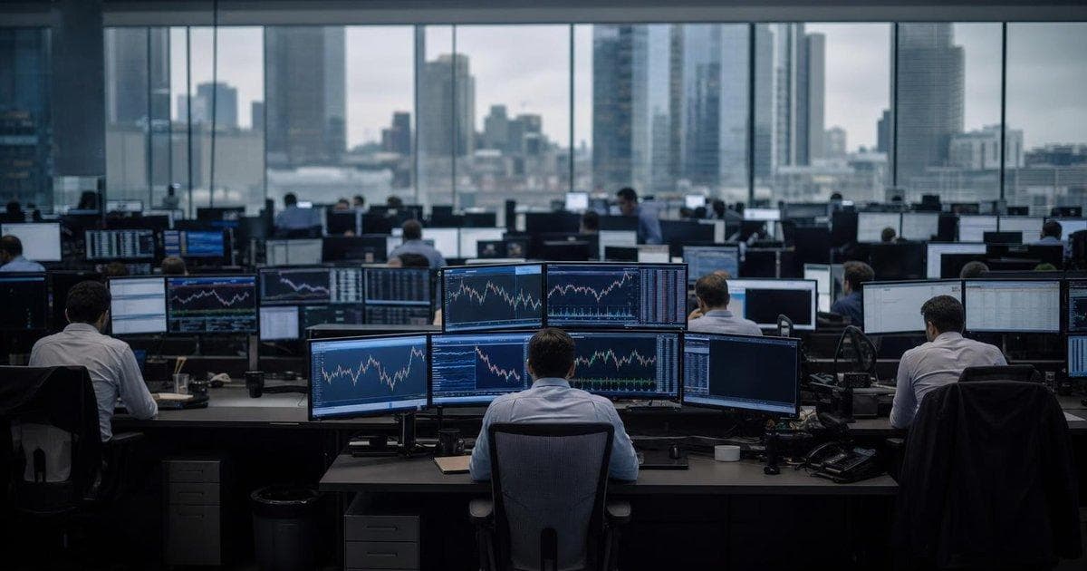 Trading desk with falling global stock and bond charts amid inflation fears in financial markets