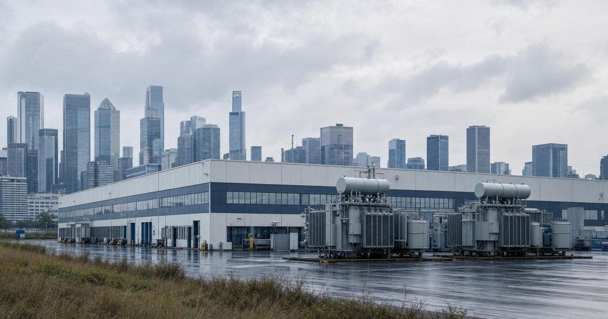 Industrial power equipment factory near financial district skyline illustrating oversubscribed US IPO