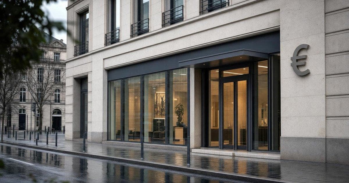 Generic European bank branch exterior illustrating major Italian bank takeover bid in euro market