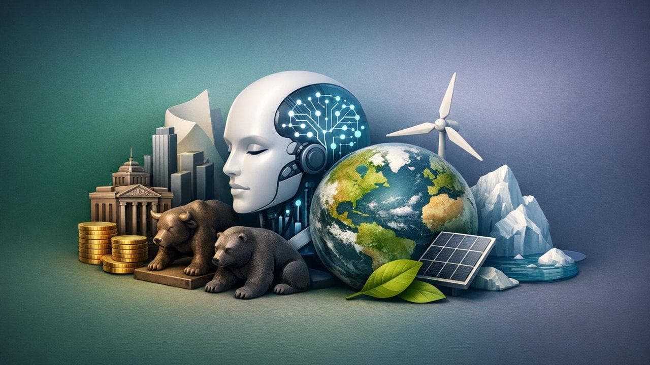 Stock market chart with AI and climate analytics icons highlighting valuation signal shifts