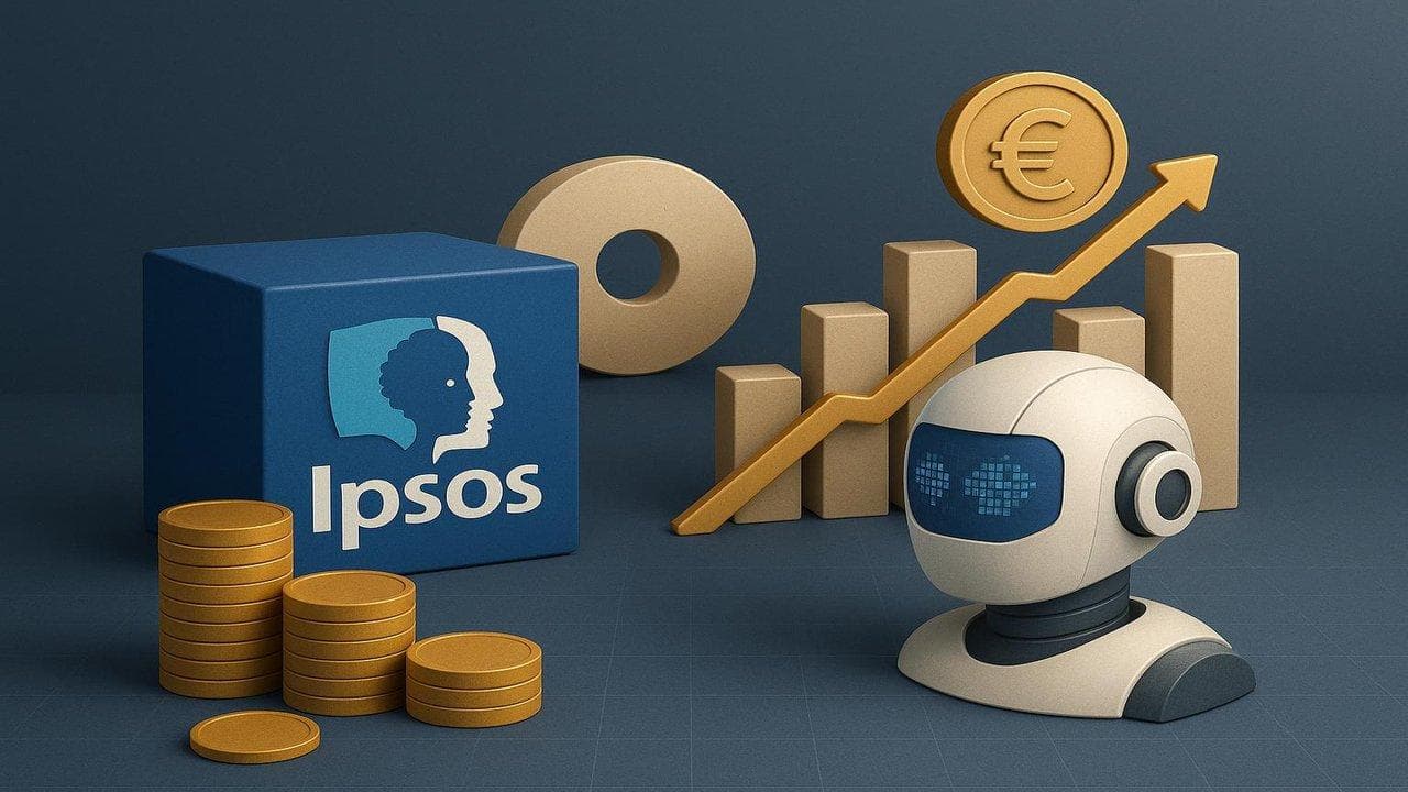 Ipsos logo with AI investment graphics highlighting €1.2bn strategy and 2028 growth targets
