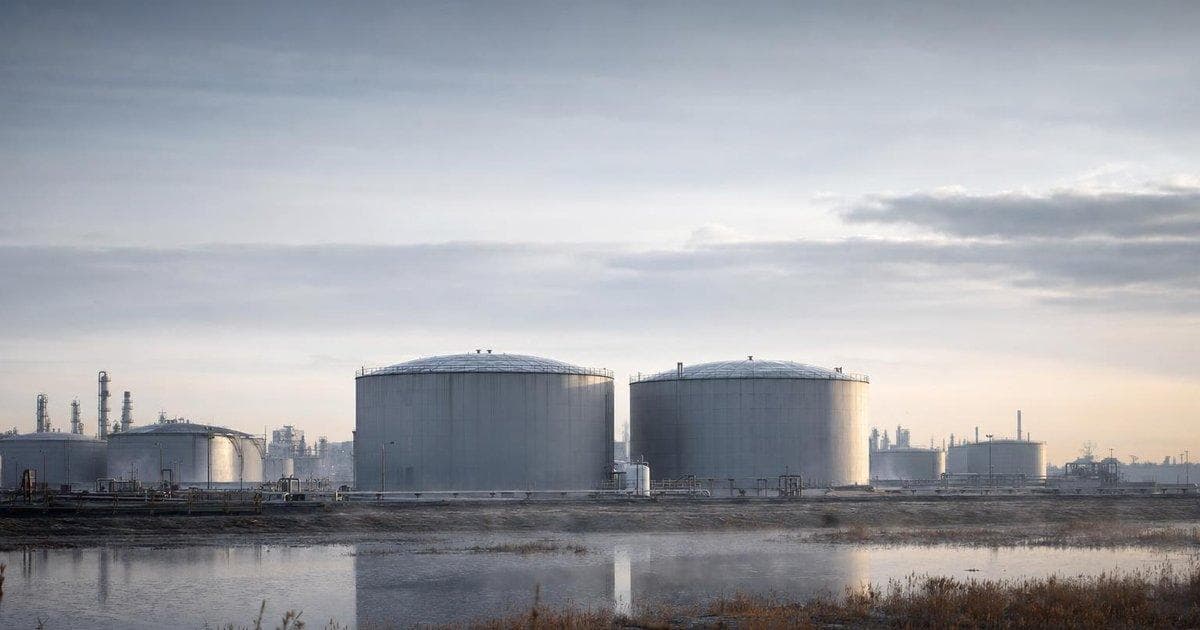 Crude oil storage tanks at an industrial terminal as Iran tensions push oil prices above $110