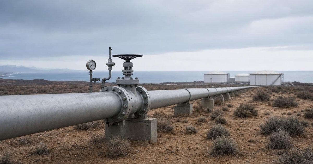 Crude oil export pipeline leading to coastal storage tanks amid Iraq route shift from Hormuz to Ceyhan