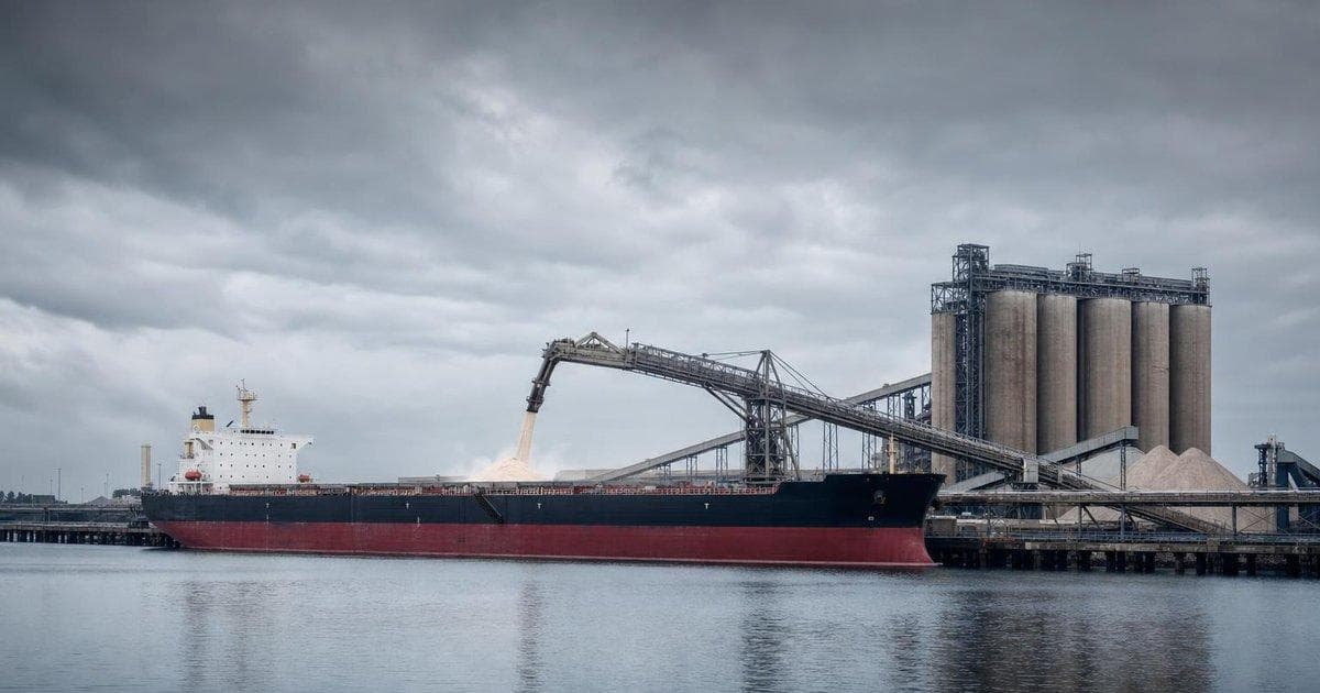 Bulk carrier loading alumina at industrial port amid scrutiny of raw material exports tied to military use
