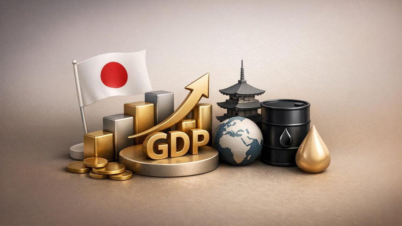 Nikkei index chart rising with Japan GDP revision and Brent, WTI oil price drop visualization
