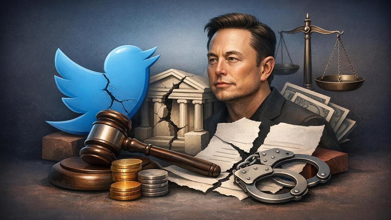 Courtroom scene highlighting Twitter logo and legal documents on Musk's 2022 acquisition statements