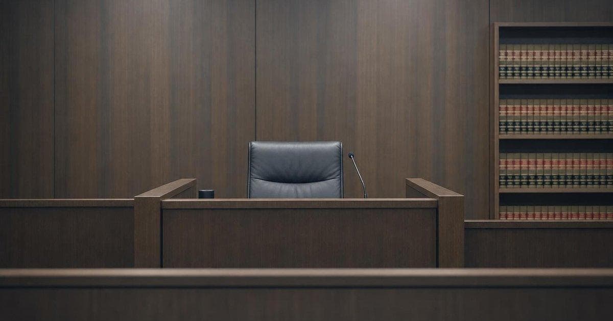 Empty courtroom witness stand symbolizing tech legal risks and IPO outlook for AI firms