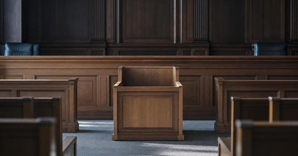 Empty federal courtroom witness stand reflecting DOJ decision on contested Trump-related fund
