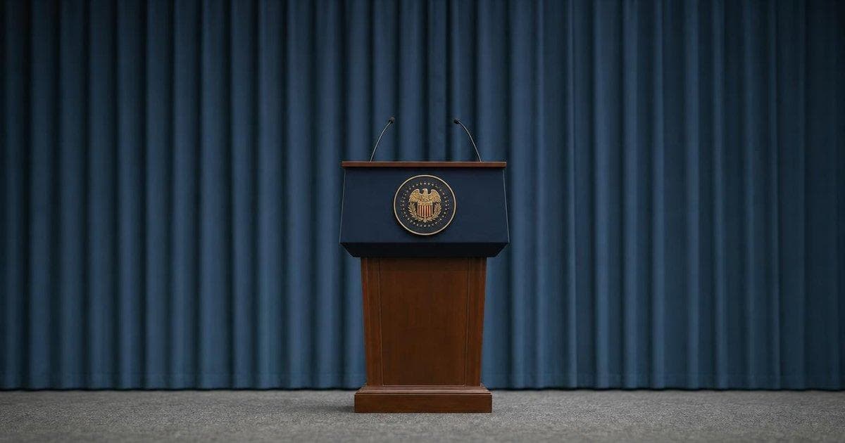 Empty central bank podium in press room symbolizing new Fed chair leadership and interest rate policy