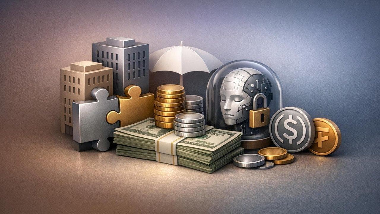 Finance sector visualization with acquisitions, insurtech funding, AI privacy, and stablecoin policy themes