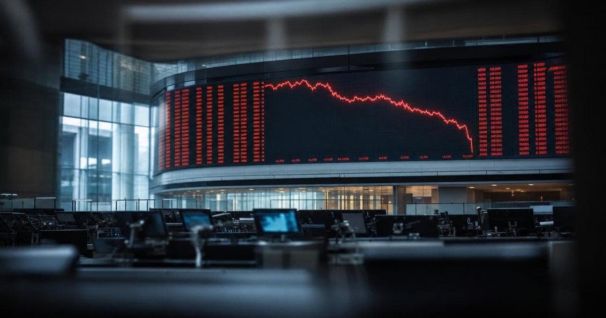 Electronic stock board on a trading floor showing sharp KOSPI and tech stock declines ^KS11