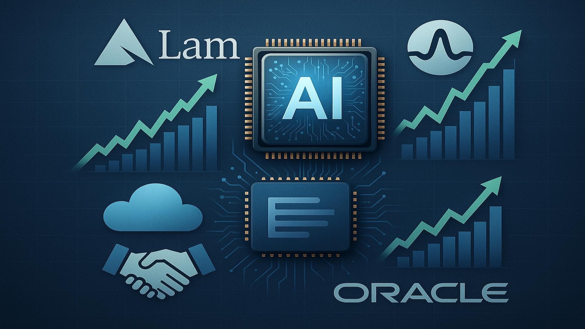 Lam Research, Broadcom, and Oracle stock charts rising with AI demand and major contract visuals