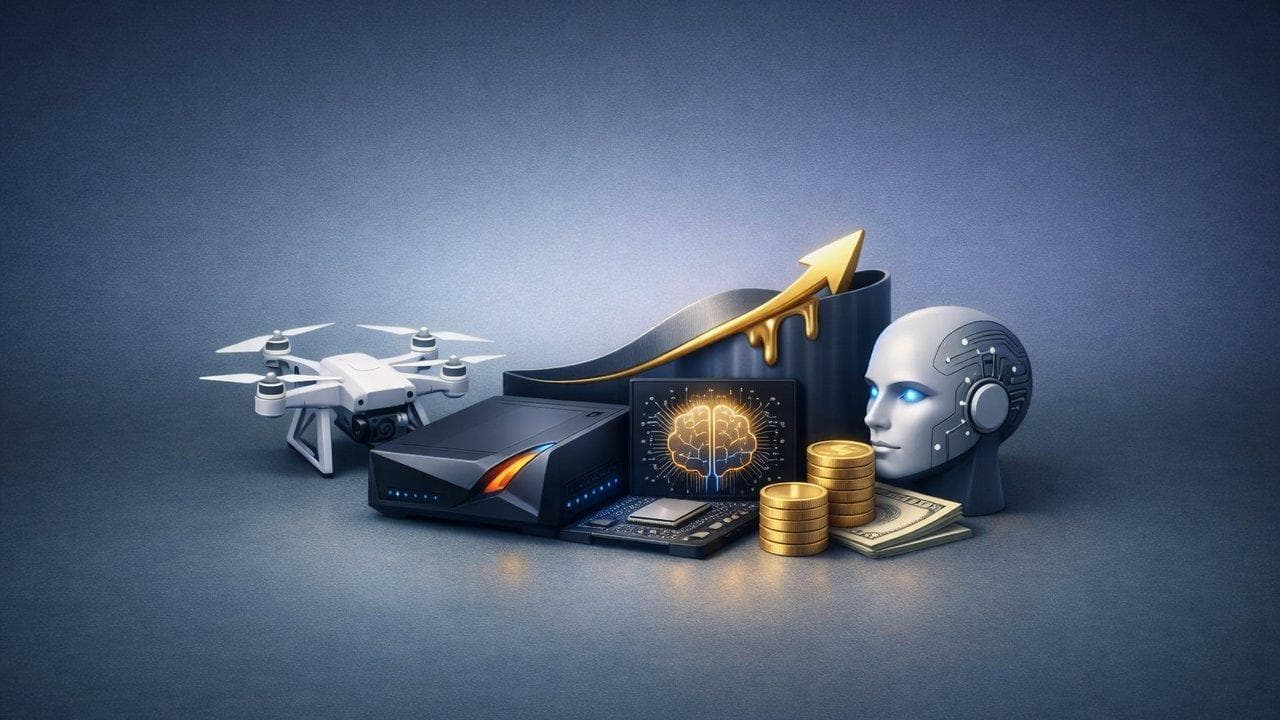 Lantronix logo with upward trend graph, highlighting drone and AI-driven revenue growth