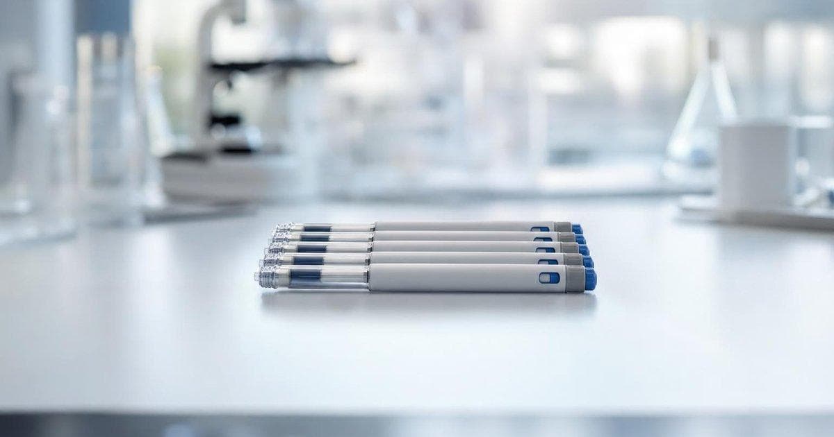 Unbranded obesity drug injection pens on lab bench as pharma stock LLY jumps on obesity treatment optimism