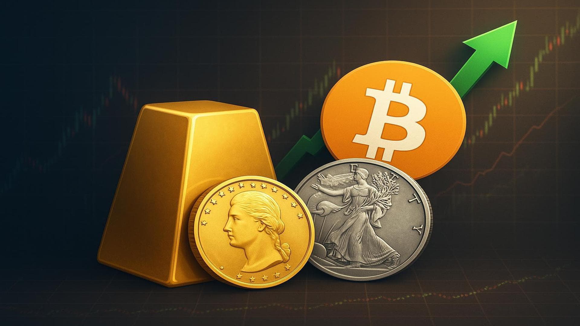 Gold, silver, and Bitcoin surge visualization as safe-haven assets rally on Maduro capture news