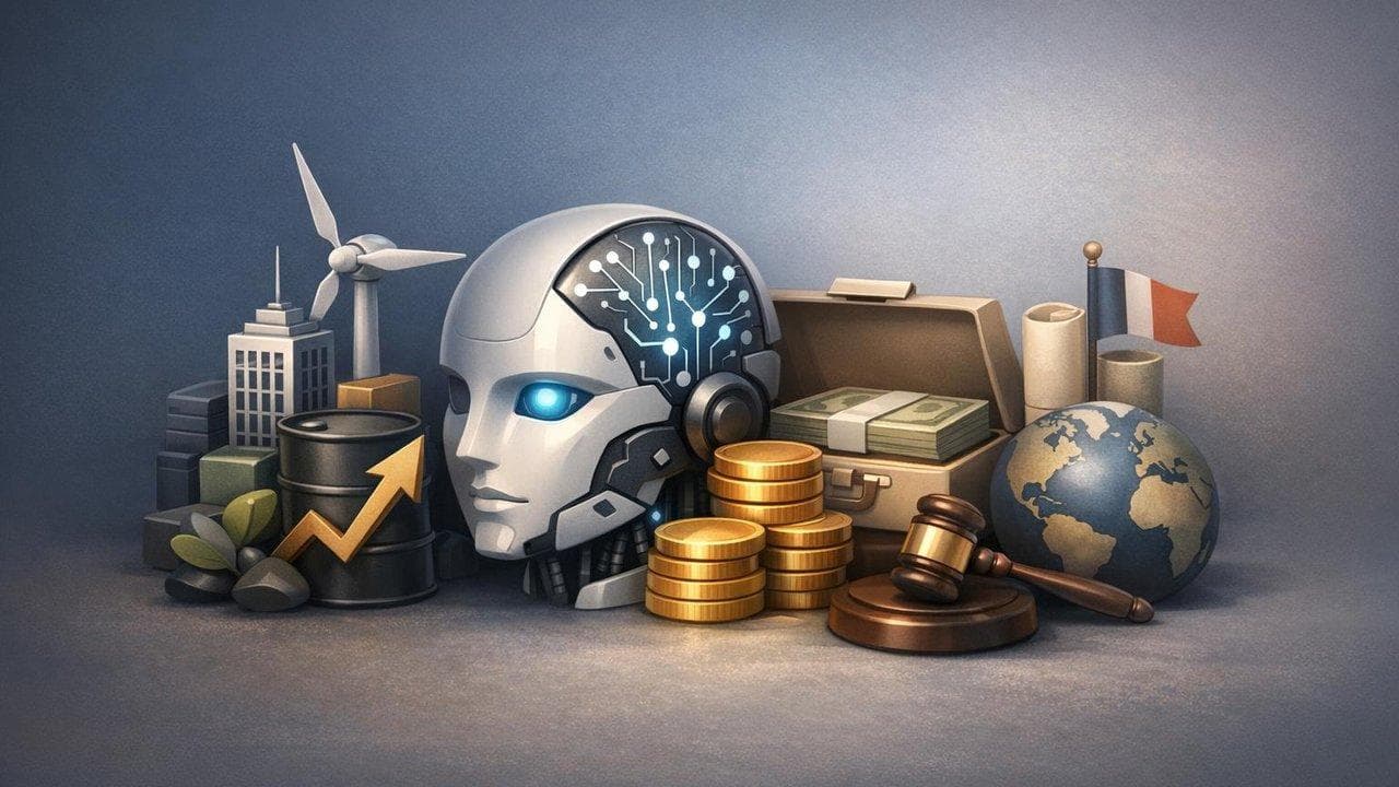 Stock market visualization showing AI, earnings, and policy impacts on global market sectors