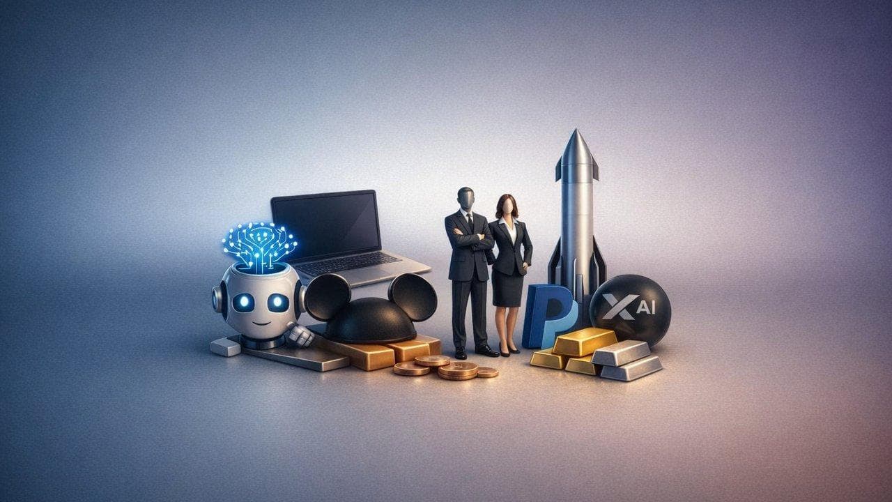 Stock market chart with AI, Disney, PayPal, SpaceX, and metals rally themes impacting markets