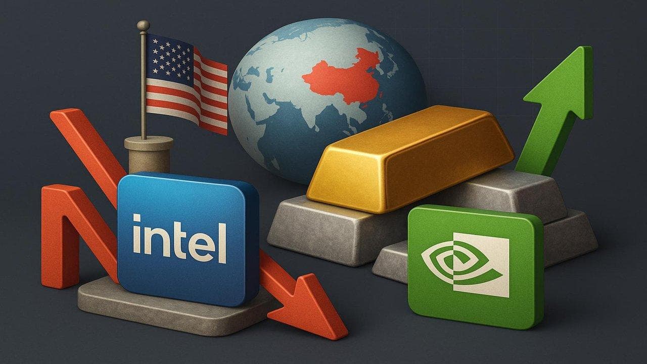 Stock market visualization showing Intel decline, Nvidia and metals surge on China chip order signals