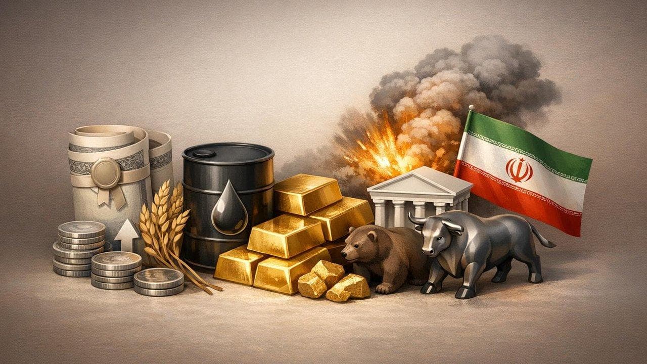 Stock market chart with Fed and Iran tension highlights affecting bonds and commodities