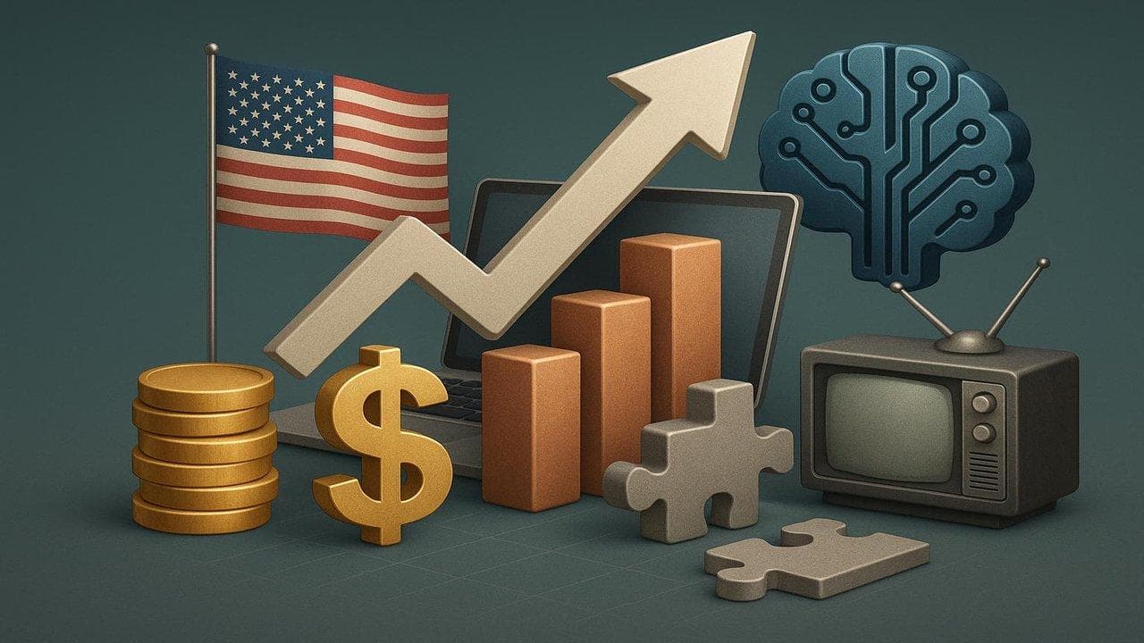 US stock market rally visualization with AI, tariff shifts, and tech/media deal activity impact