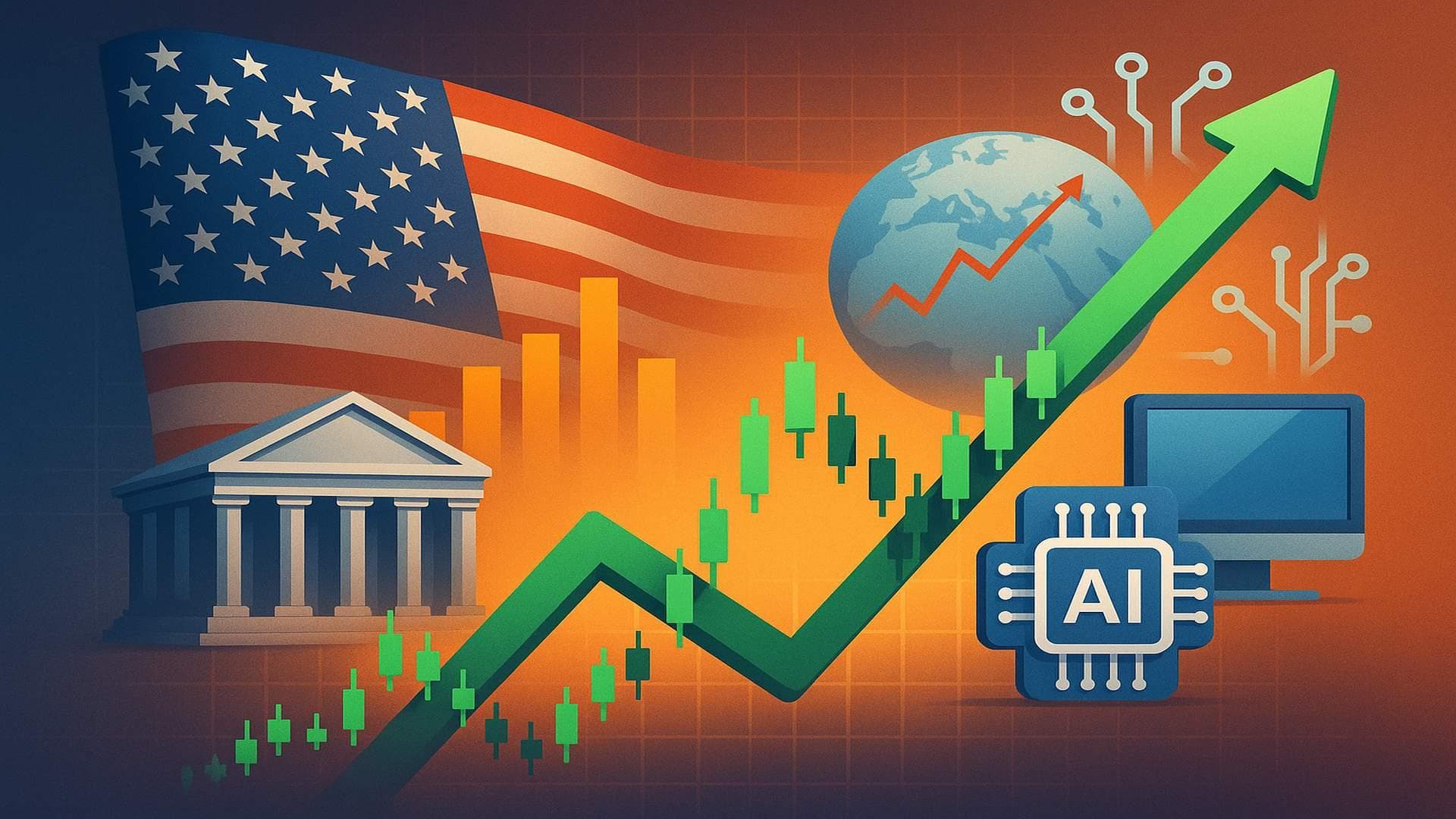 Stock market rally visualization with US equities and AI sector optimism driving global gains
