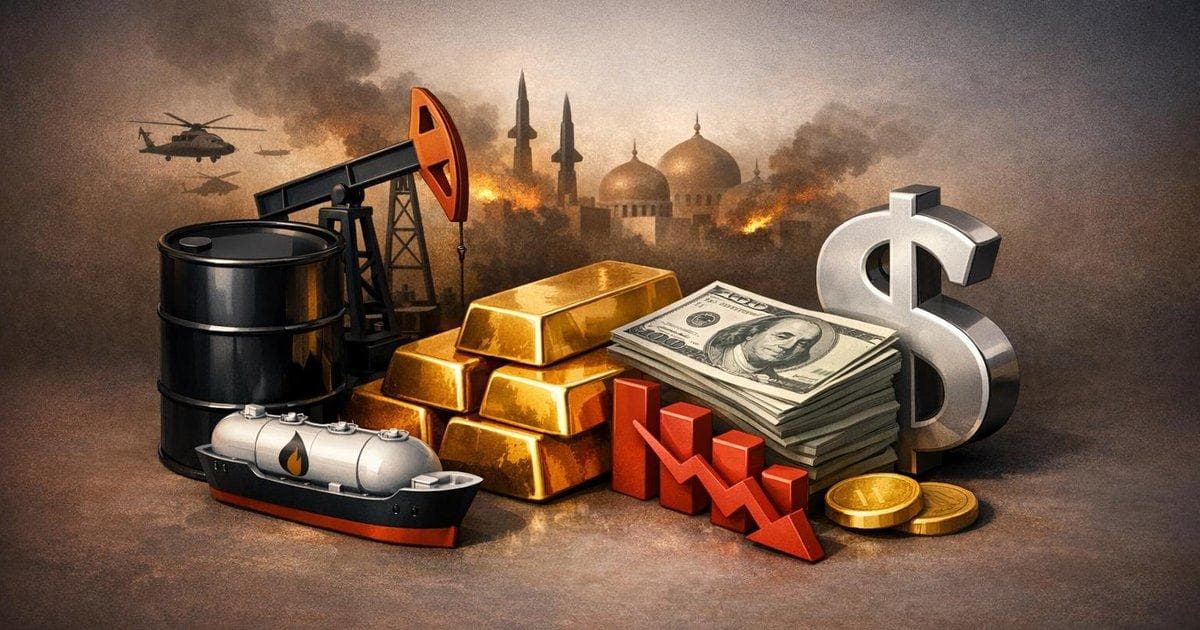 Chart showing oil and energy sector gains, US equities dip, and gold slip amid stronger US dollar