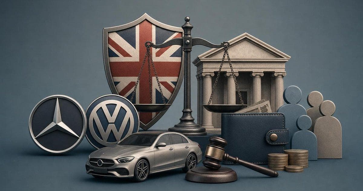 Mercedes and VW logos with UK car loan redress legal dispute visualized