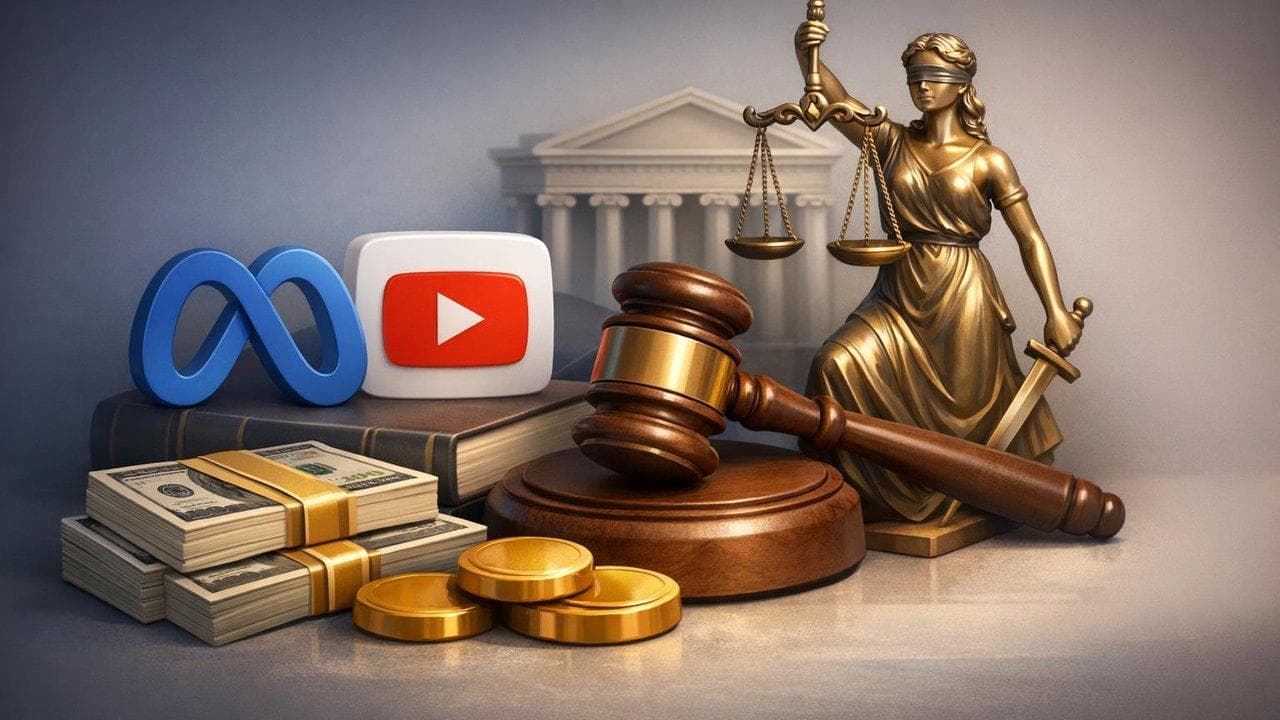 Meta and YouTube logos with LA courthouse, highlighting social media legal liability trial