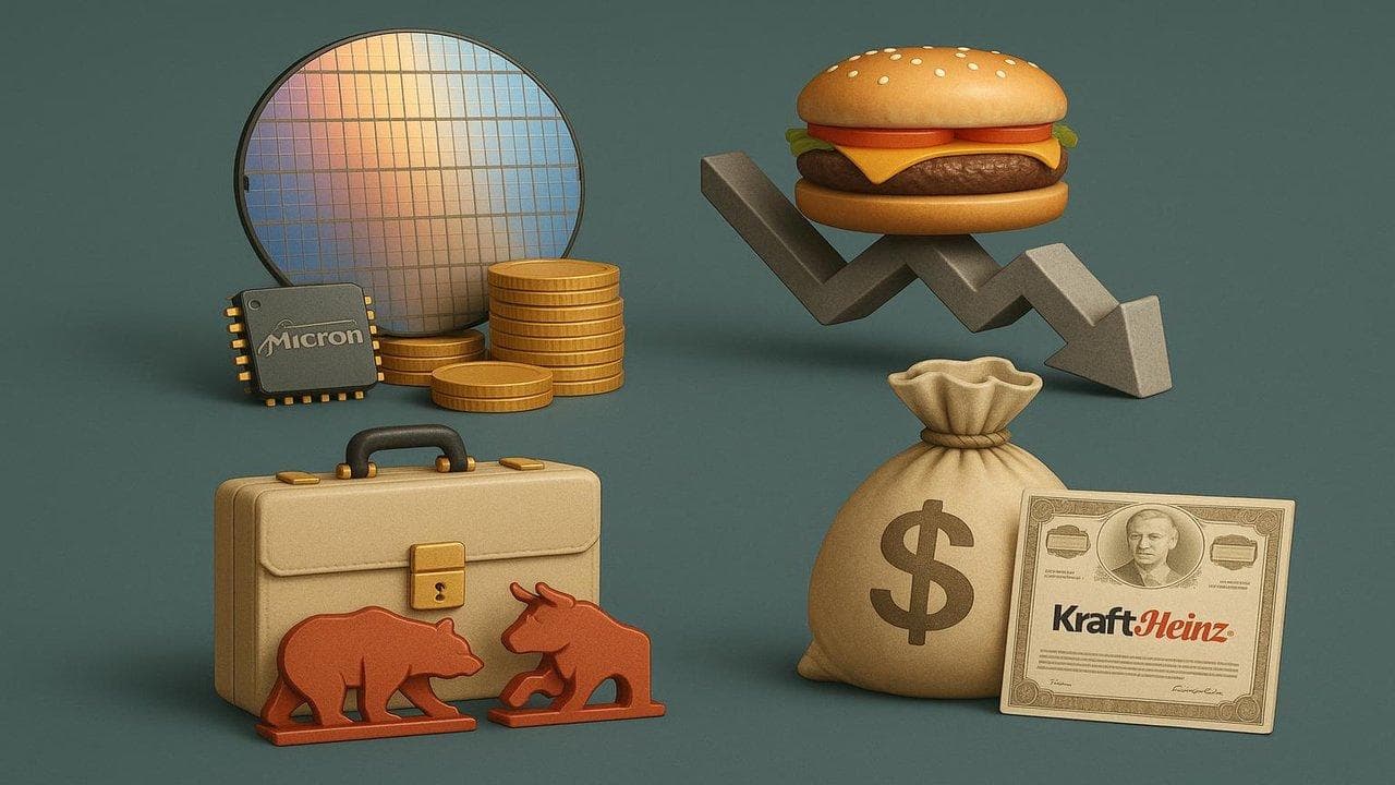 Micron, FAT Brands, TRG International, and Berkshire Hathaway logos with news headlines on corporate actions