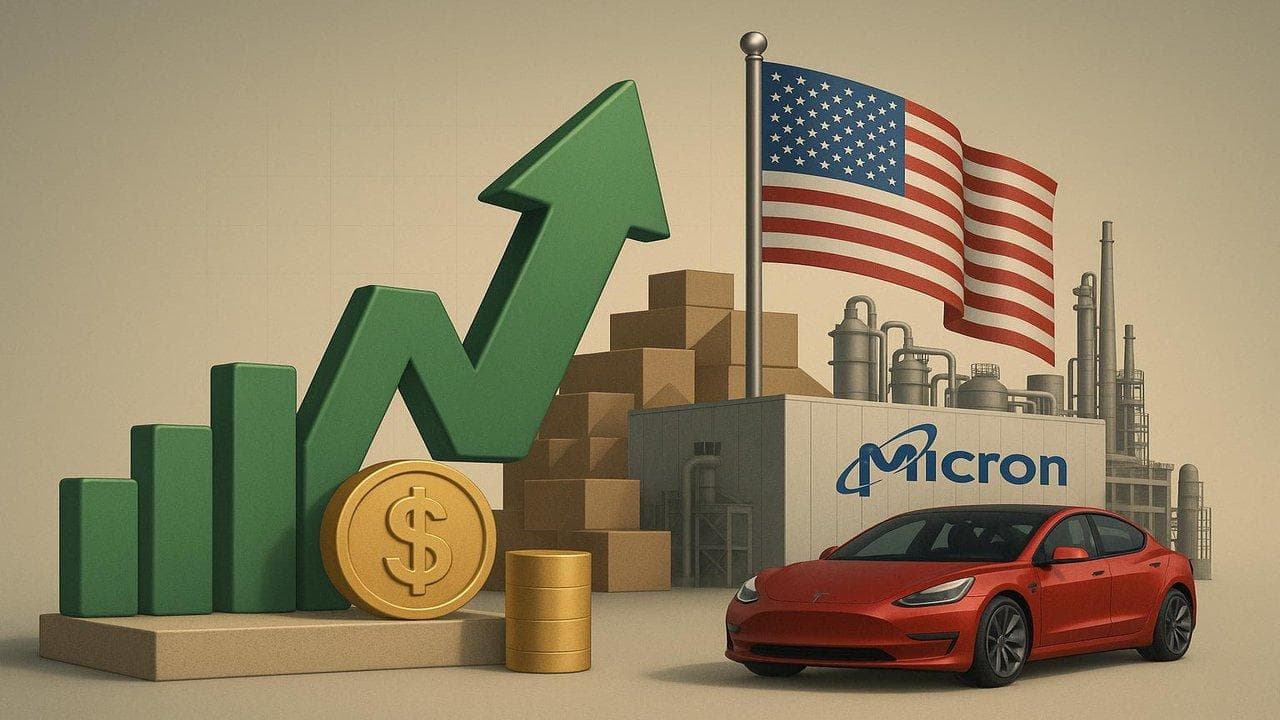 Micron and Tesla logos with U.S. supply chain network expansion visualization
