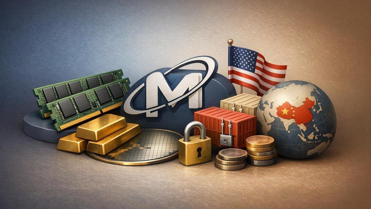 Micron logo with DRAM chip and trade tariff graphics highlighting market optimism