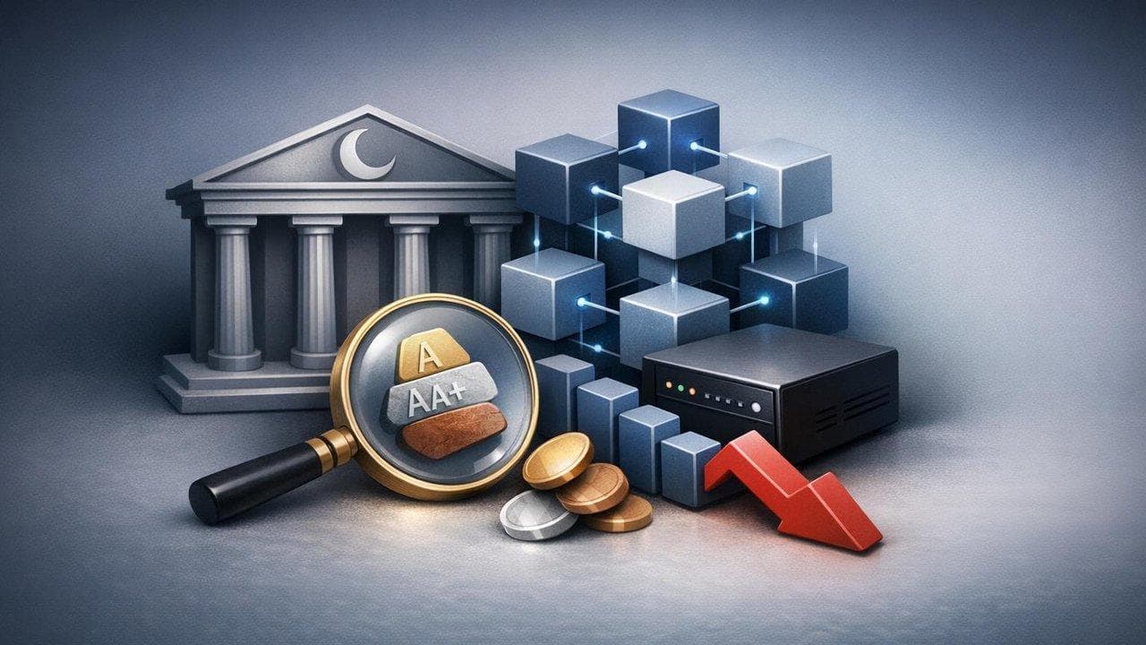 Moody's logo with blockchain graphics and stock chart showing share price dip