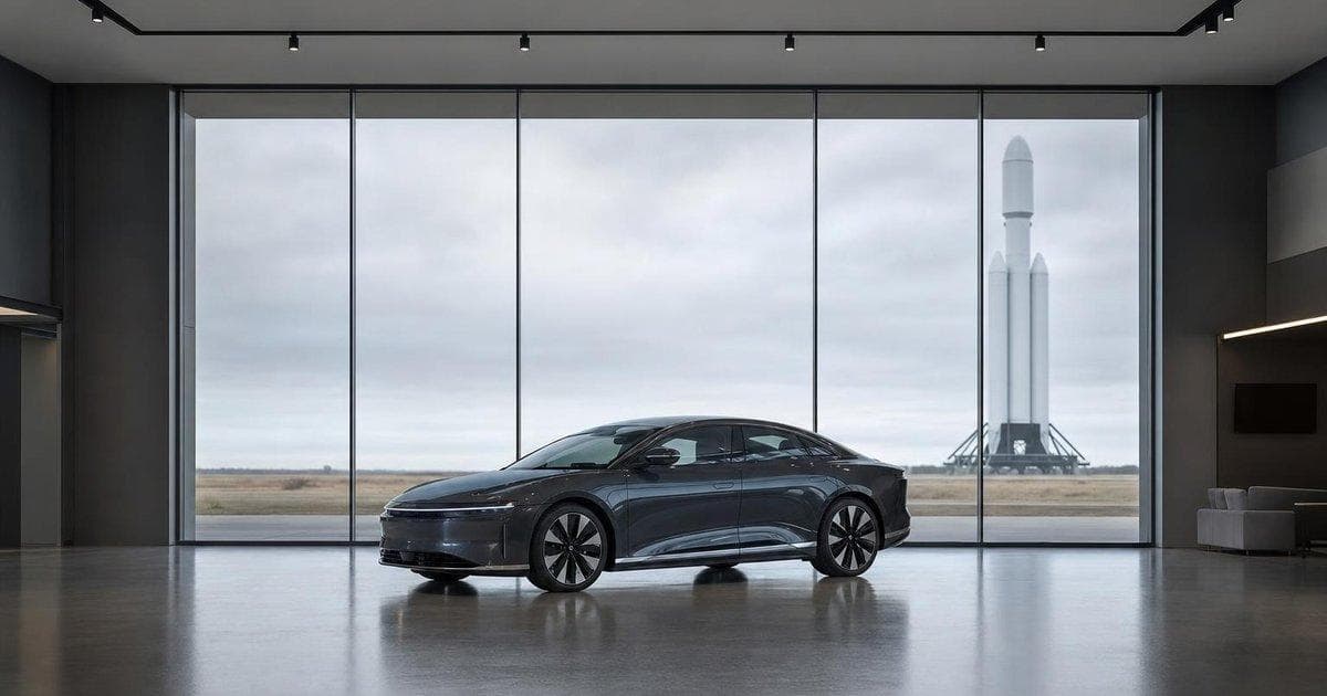 Electric car beside rocket model symbolizes potential TSLA merger ahead of major IPO
