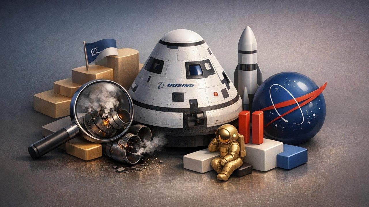 Boeing Starliner crew capsule with NASA logo, highlighting propulsion defect investigation