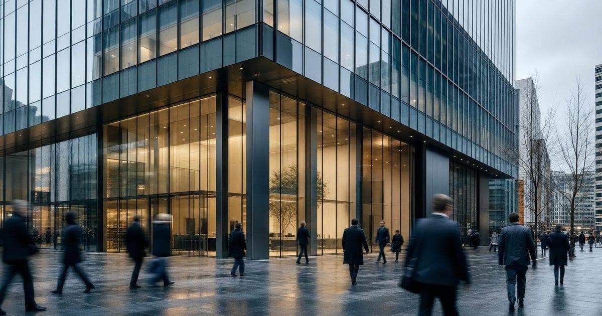 Exterior of a modern retail bank headquarters reflecting CEO pay, profit and staff pay rises
